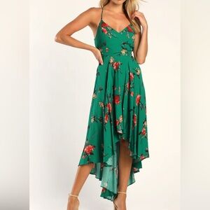 Best Times Green Floral Print Lace-Up High-Low Maxi Dress